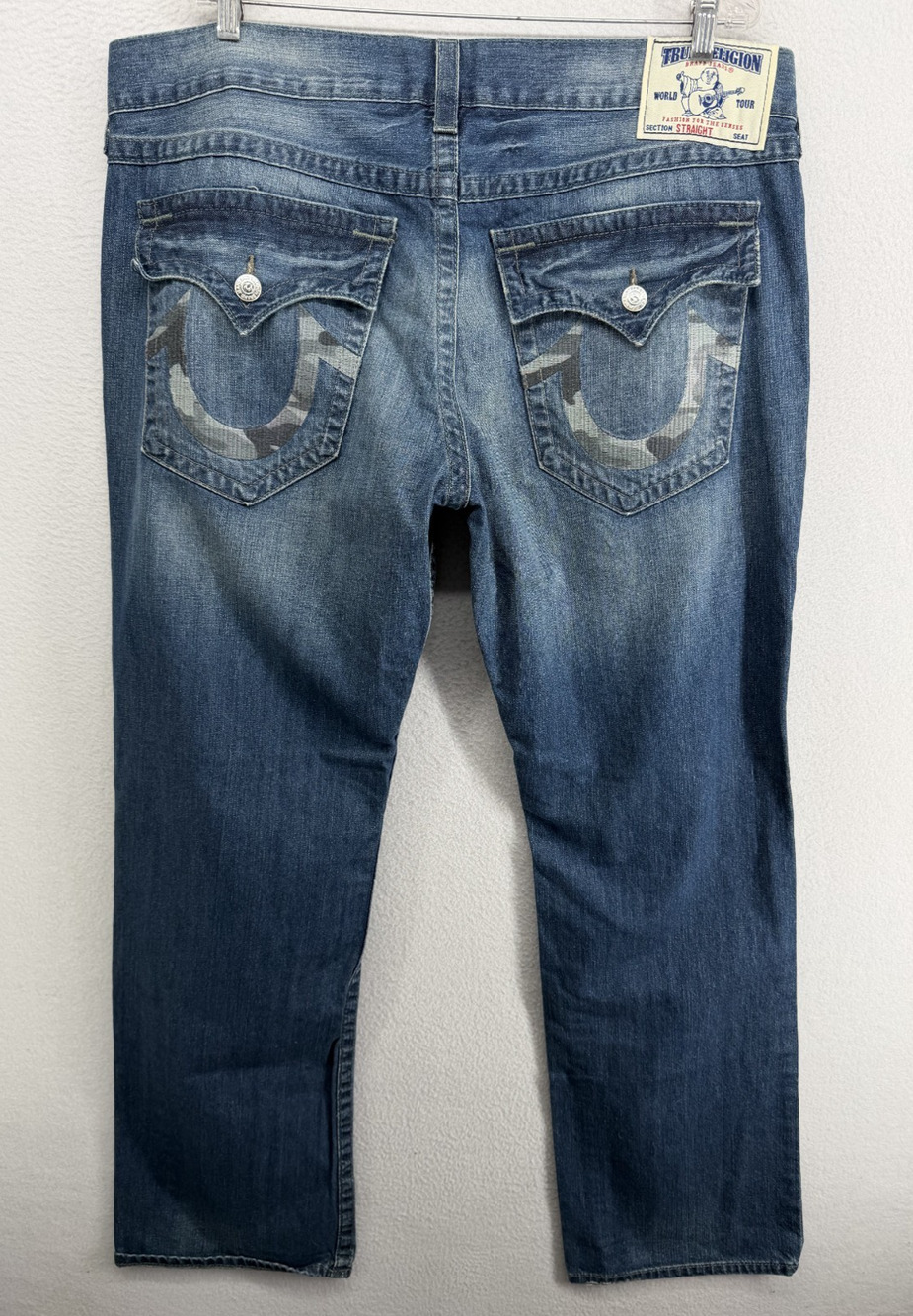 TRUE RELIGION Jeans Mens 40 Rocco Straight w/Flaps Camo Denim Cotton Blue USA